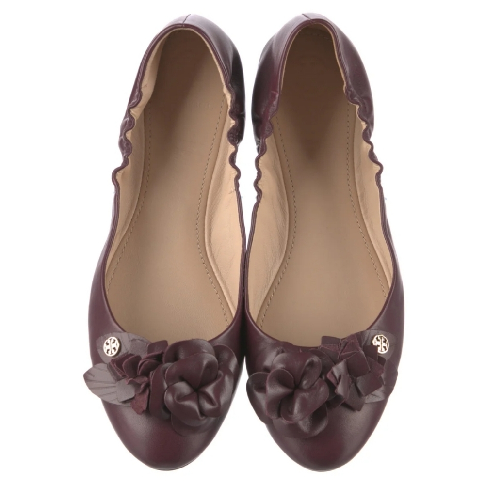 TORY BURCH burgendy Leather Floral Print Ballet Flats Size: 9.5